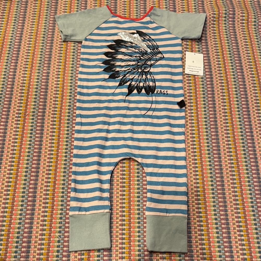 RAGS Blue and Gray Striped Kids Bodysuit with Graphic Design